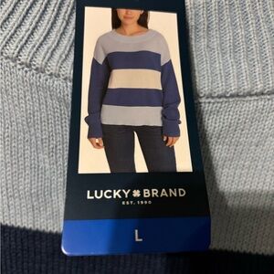 Lucky Brand Women's Blue and Cream Striped Sweater